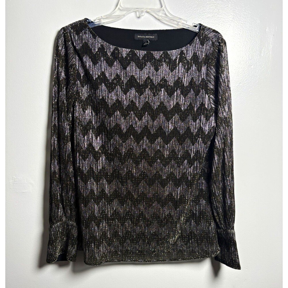 Banana Republic Blouse Women’s S Black/Silver/Gold Chevron Lg Slv Scoop Lined